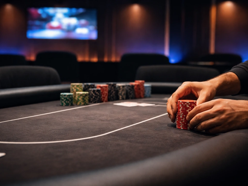 Anonymous hands on a high-stakes poker table with colorful chips in a broadcast-style studio setting.