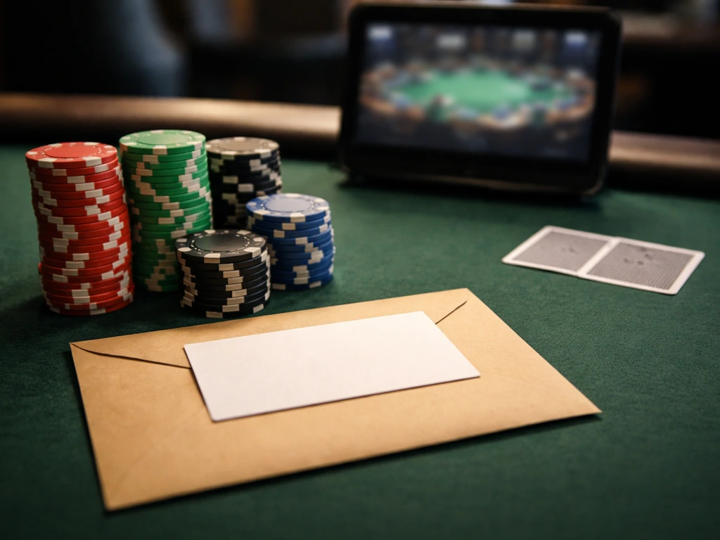 Close-up poker chips on a table beside an unmarked evidence card and a blank video monitor frame.