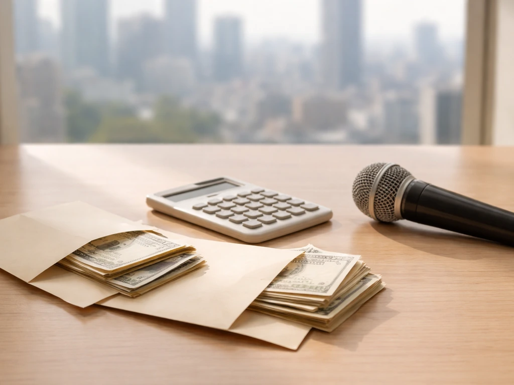 Minimal desk scene with a calculator, cash envelopes, and a microphone in soft natural light for a net worth estimate ar