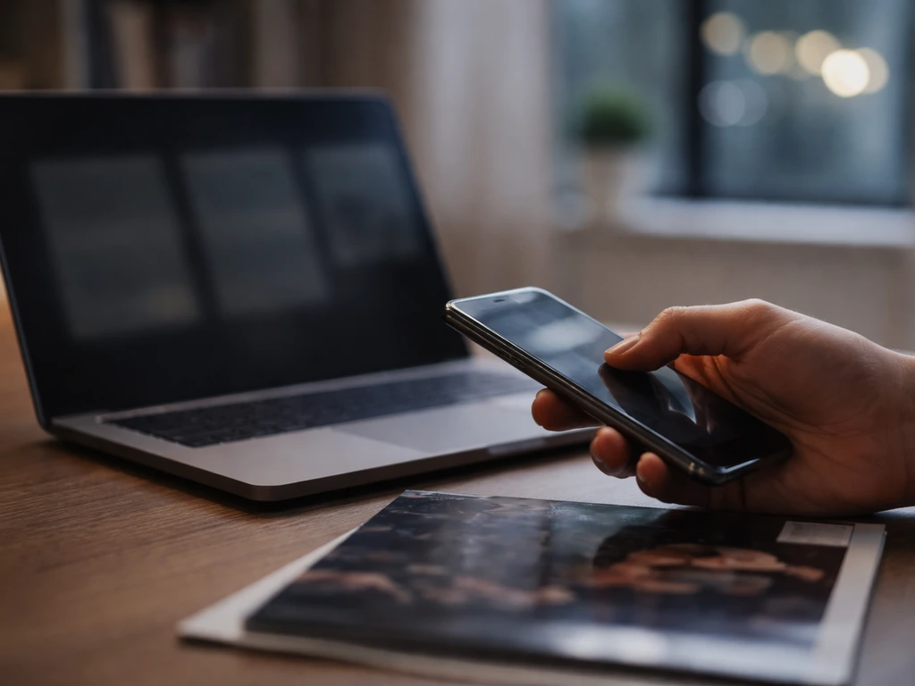Hand holding a phone above a desk with blurred finance-media reflections, implying net-worth methodology.
