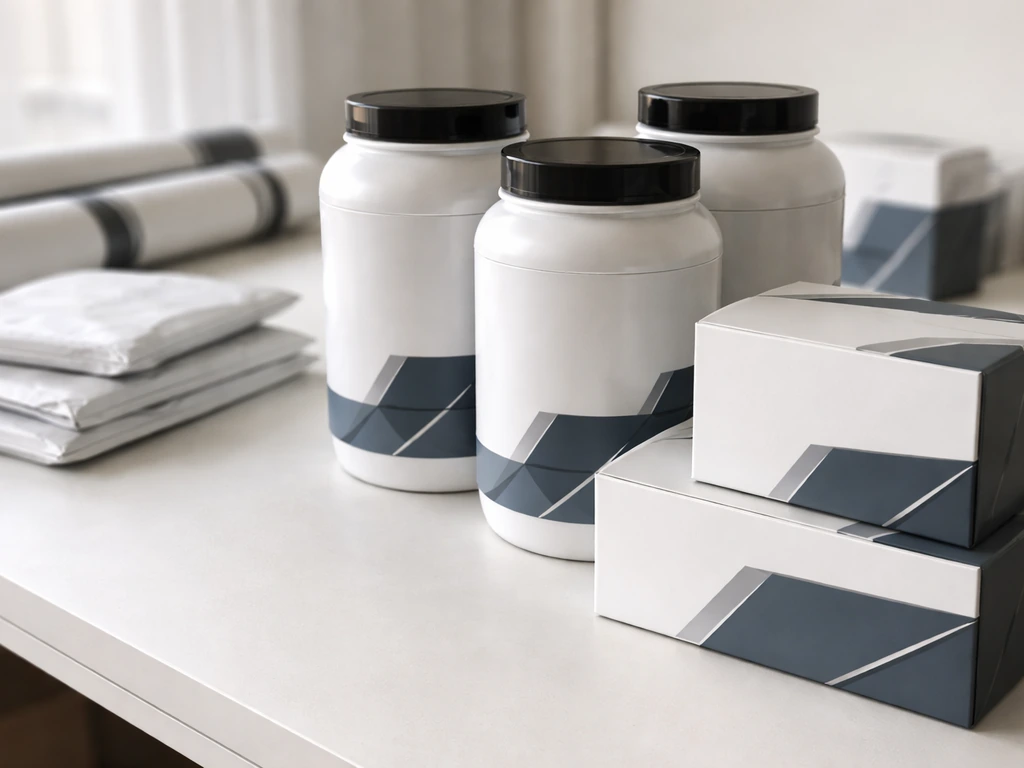 Close-up of supplement tubs and branded marketing materials on a simple table, no people.