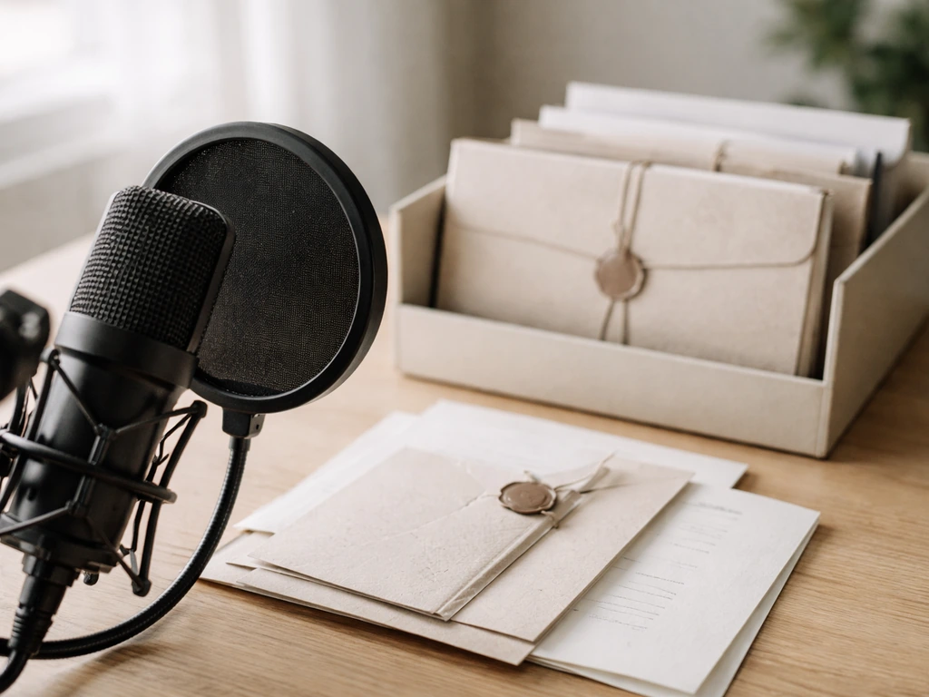 Close-up of a podcast microphone with branded-looking documents and a folder on a minimal desk.
