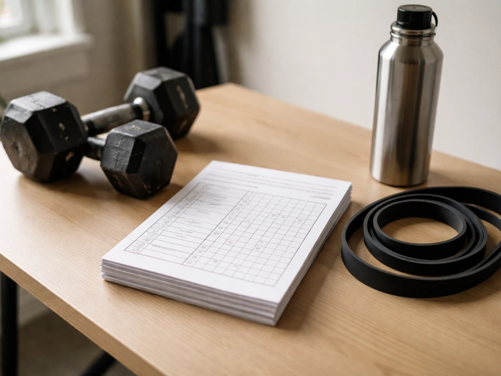 Printed workout log and challenge sheet on a desk with dumbbells, water bottle, and resistance band.