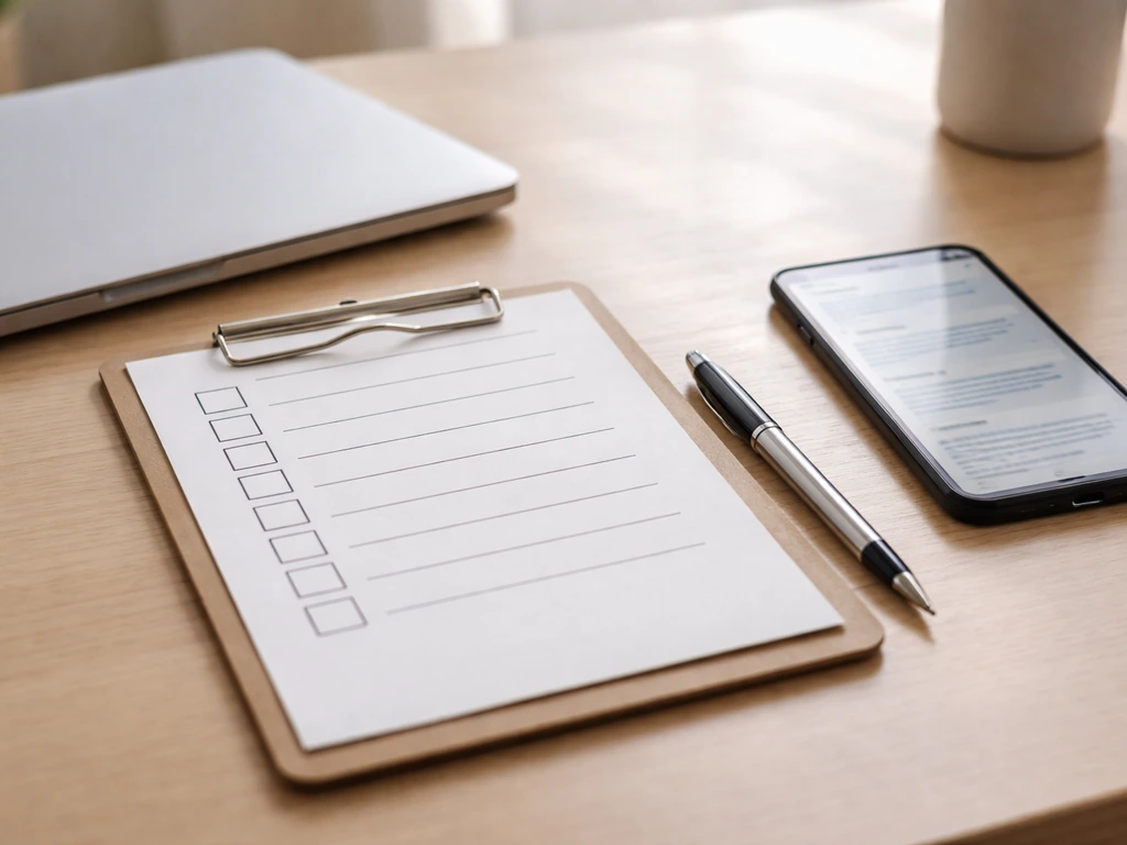 Desk checklist beside phone and laptop, suggesting verifying sources and references.