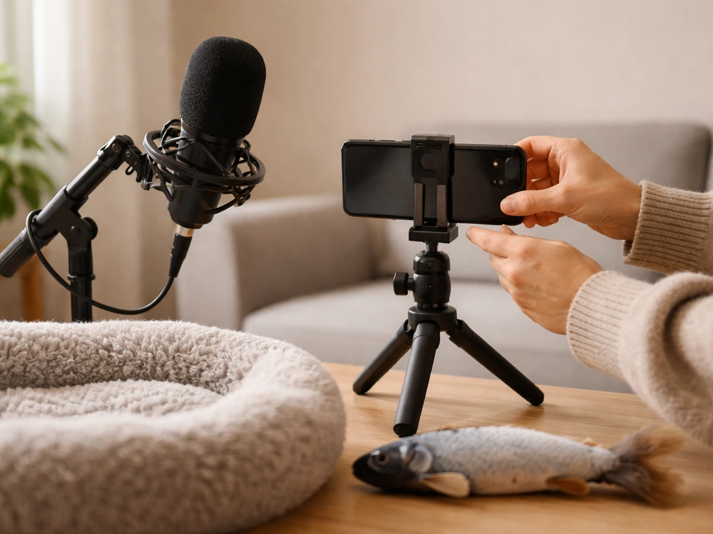 Anonymous hands setting up a phone on a tripod beside a cat-themed recording setup in a home room.