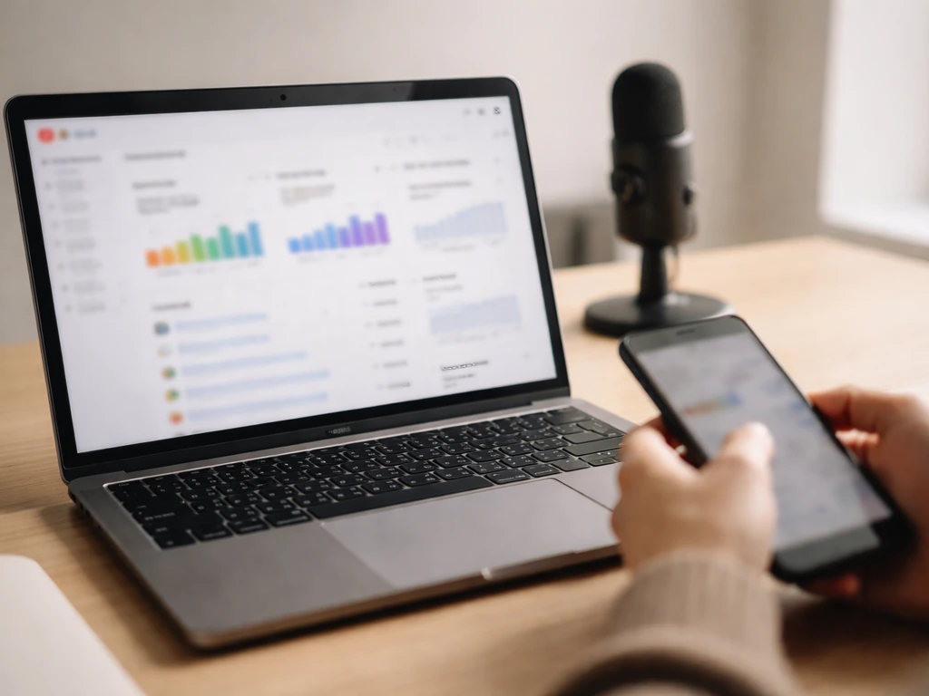 Laptop displaying blurred YouTube analytics metrics beside a phone and microphone on a simple desk.