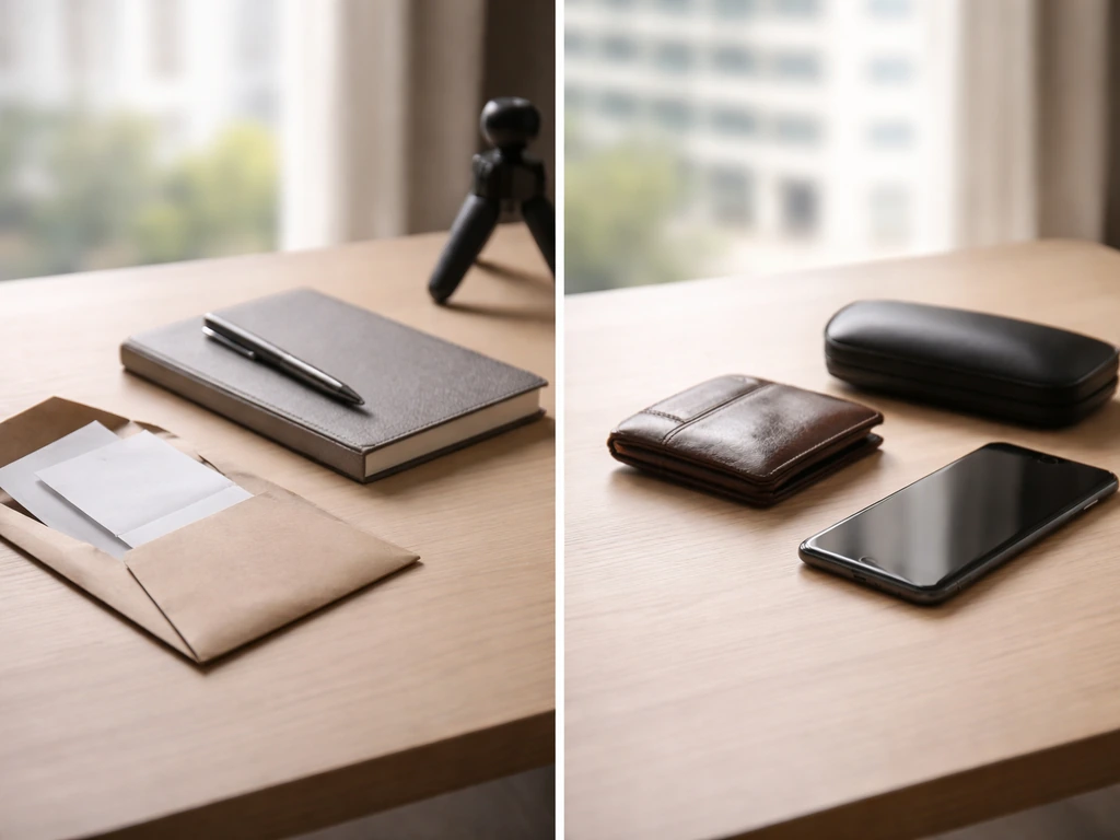 Minimal desk photo showing side-by-side items symbolizing verified receipts versus vague luxury clues.