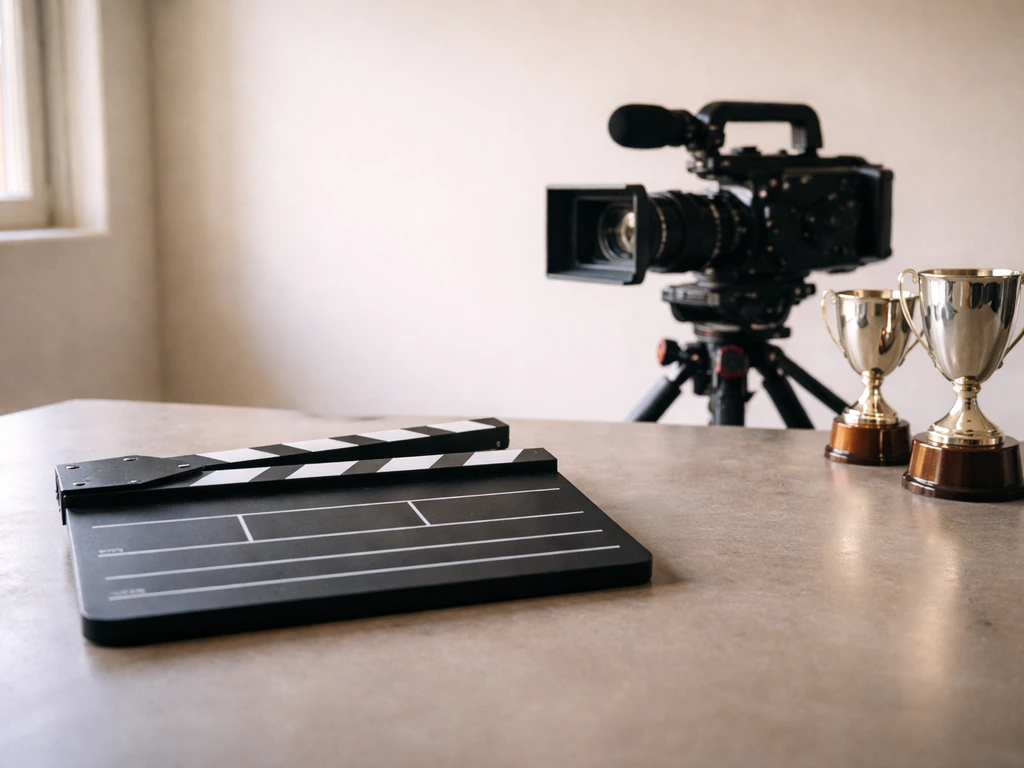 Minimal studio desk with camera, clapperboard, and awards-like trophies symbolizing acting, directing, and production.