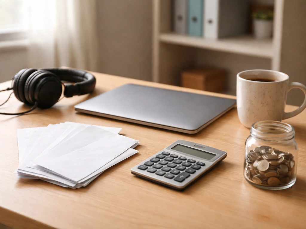 Minimal studio desk with calculator, envelopes, receipts, coins jar, and laptop suggesting net worth calculation steps.