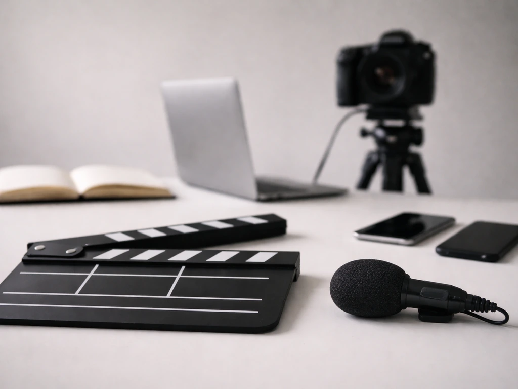 Minimal studio scene with a clapperboard and microphone, symbolizing film/media profile disambiguation.