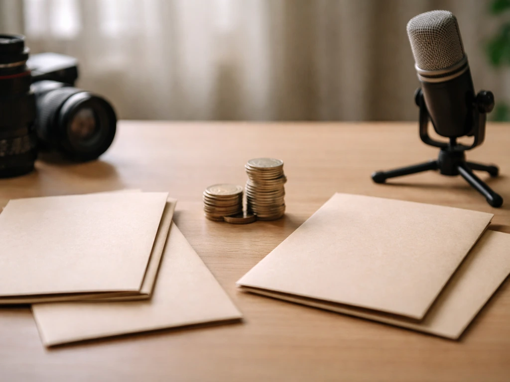 Minimal studio desk with camera lens, microphone, coins, and envelopes symbolizing multiple cinematography income stream