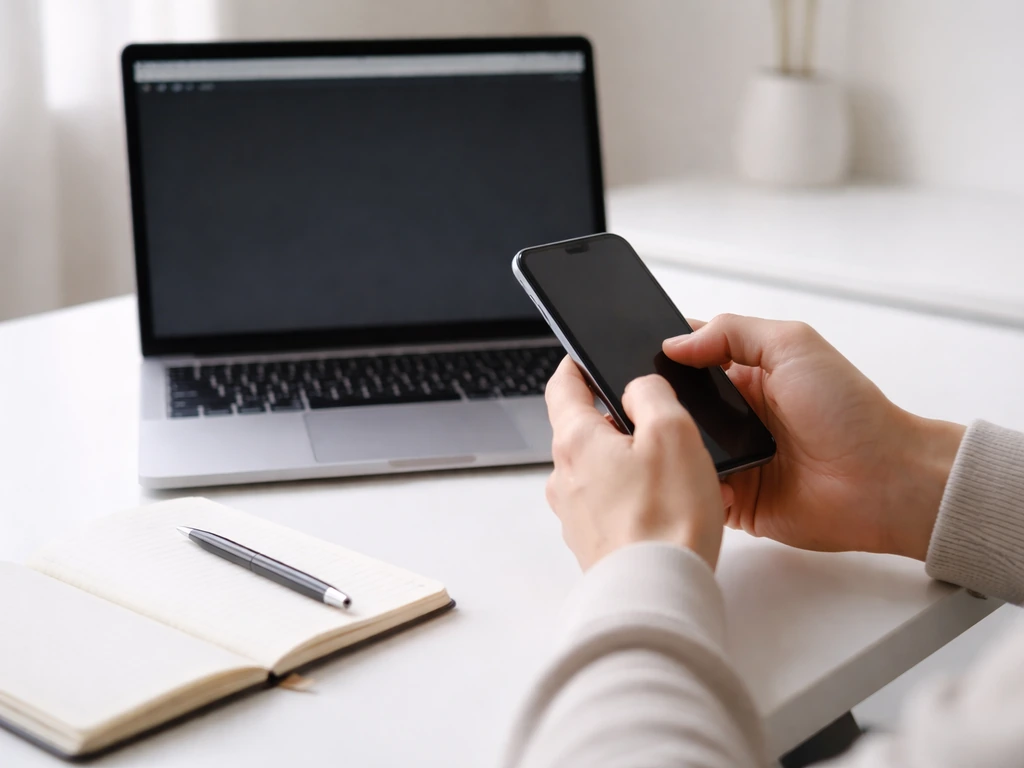 Hands checking verification info on a phone next to a blank laptop screen and notebook.