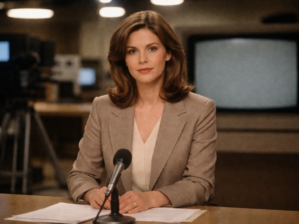 Anonymous female TV news anchor at a newsroom desk with a microphone and softly blurred studio background.