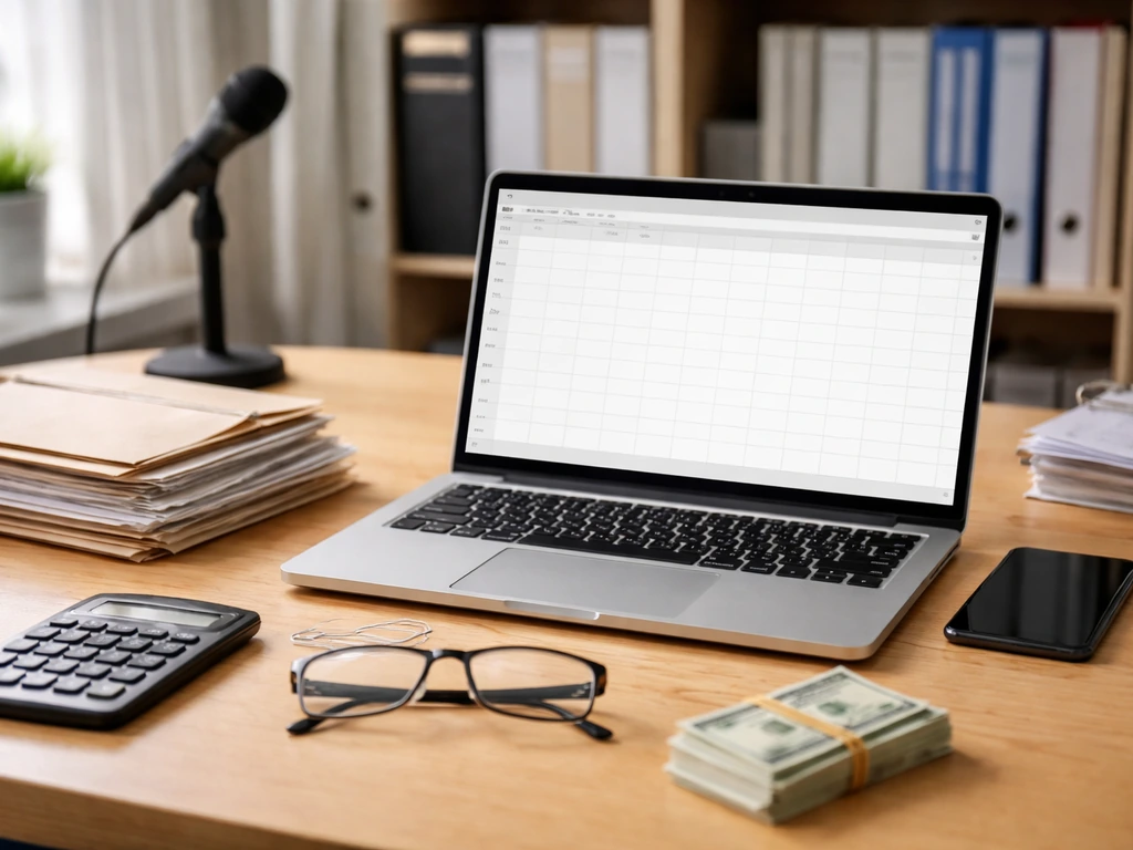 Desk with laptop, calculator, and money symbolizing research for estimating a journalist’s net worth.