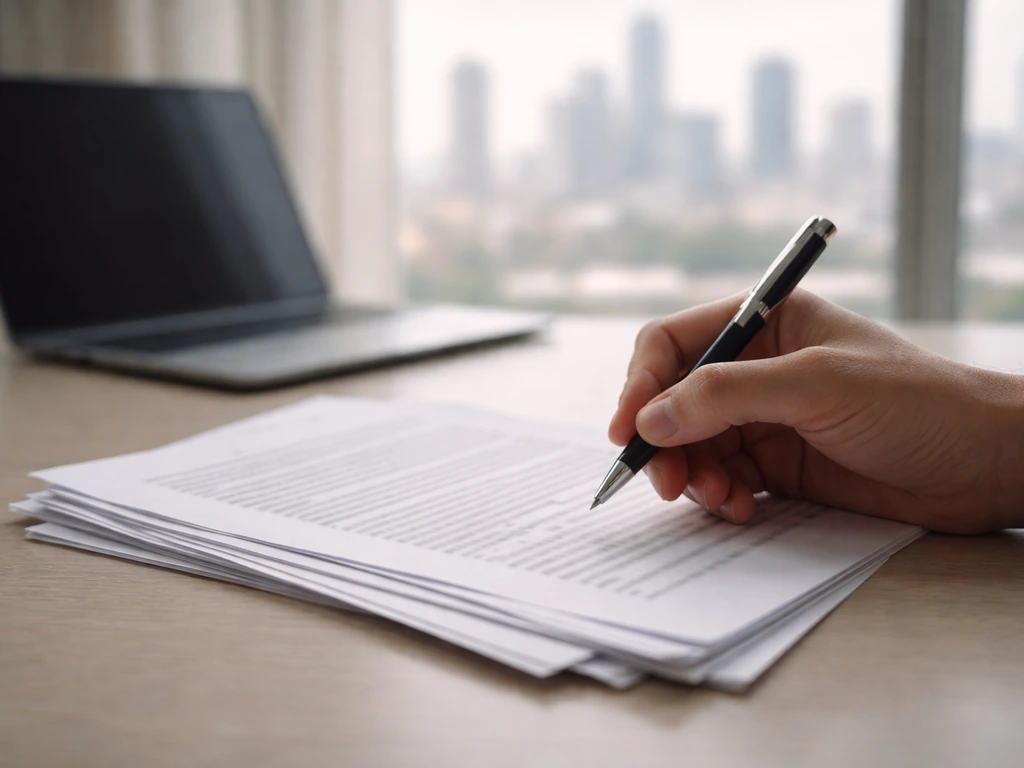 Hand holding a pen over printed documents beside a laptop with a subtle city view through window