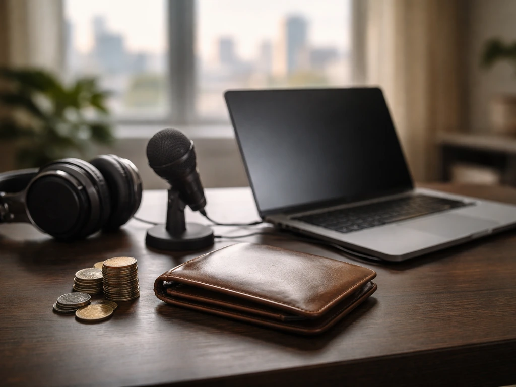 Minimal finance-themed studio scene suggesting a media career and net worth analysis