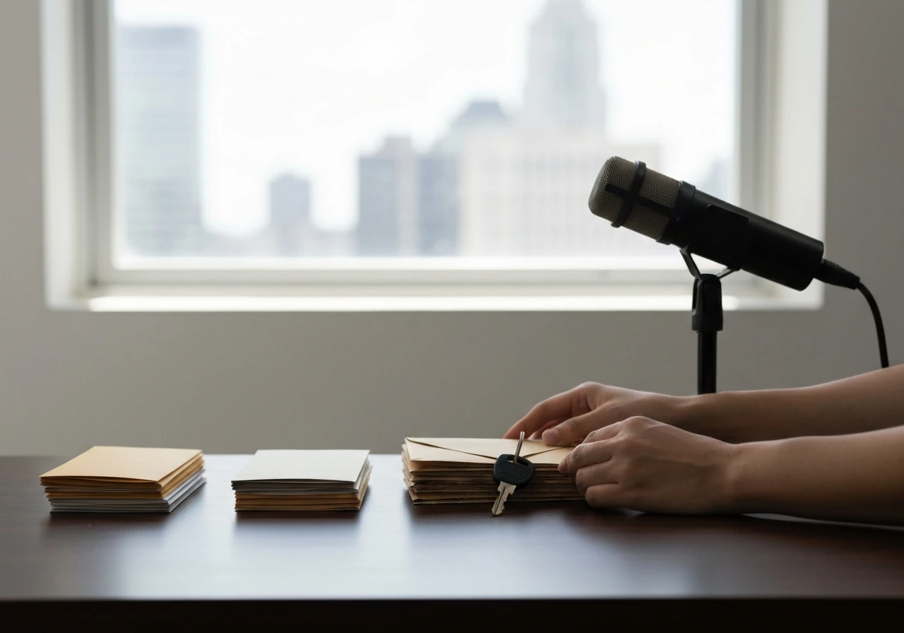 Anonymous hands arrange envelopes and a broadcast microphone on a desk with a city view outside.
