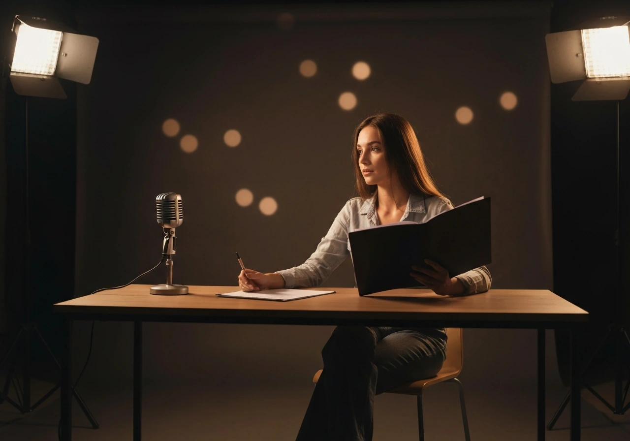 Anonymous woman at a studio desk with a script and vintage microphone, warm minimal film-style lighting.
