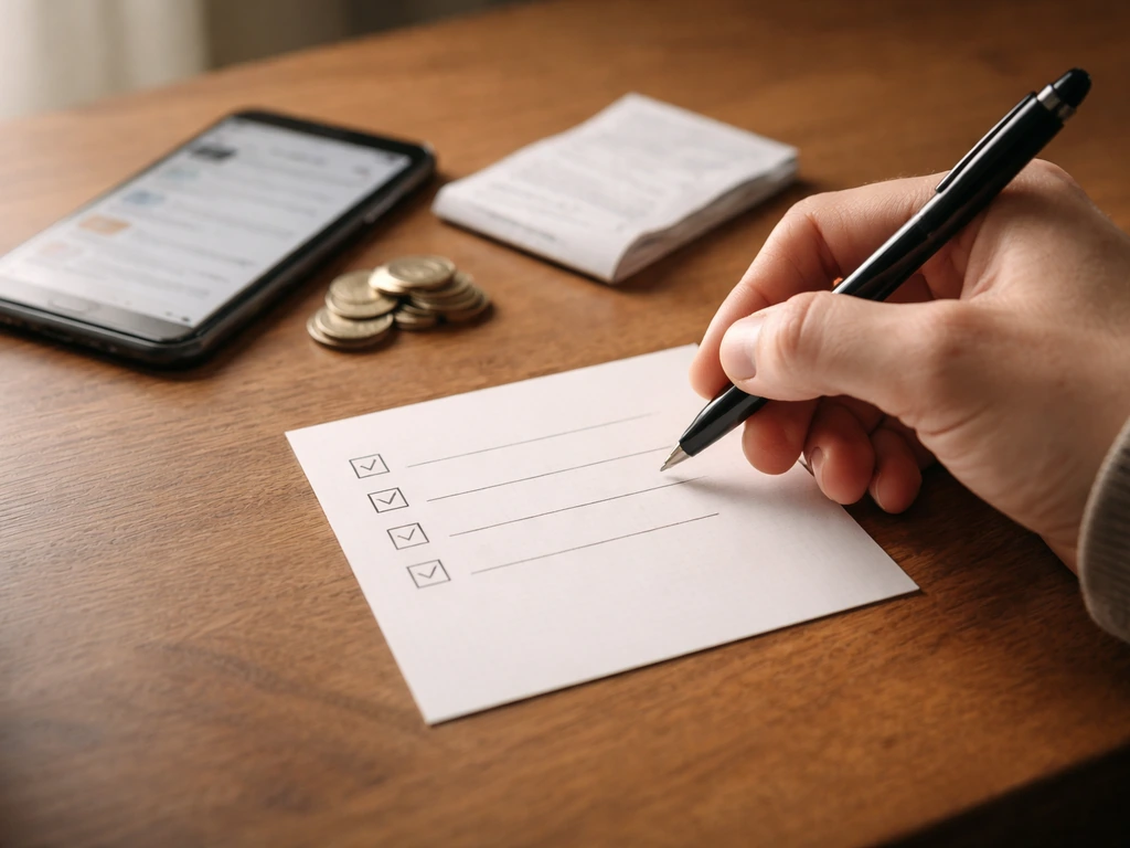 Close-up of a hand writing a simple research checklist beside a smartphone and cash in soft light