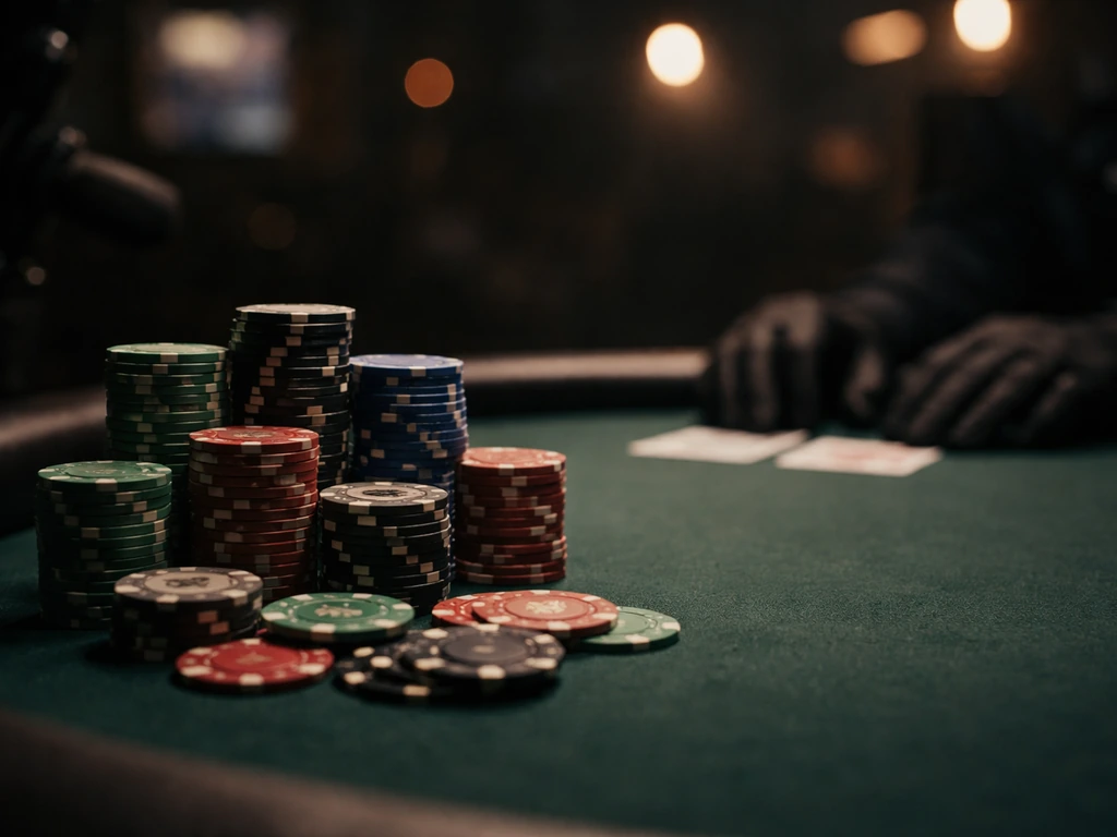 High-stakes poker table with scattered chips under dramatic streaming lights