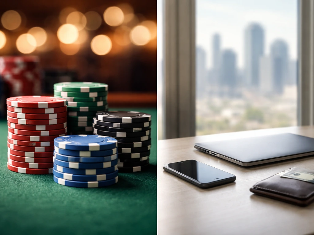 Split-scene: anonymous poker chips beside a finance desk with a phone and laptop, symbolizing two Alan Keatings.