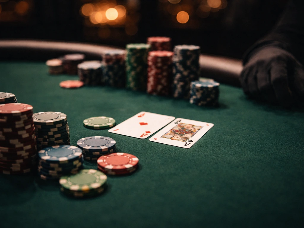 Close-up of a poker felt table with scattered chips and a couple of cards in a high-stakes cash game setting