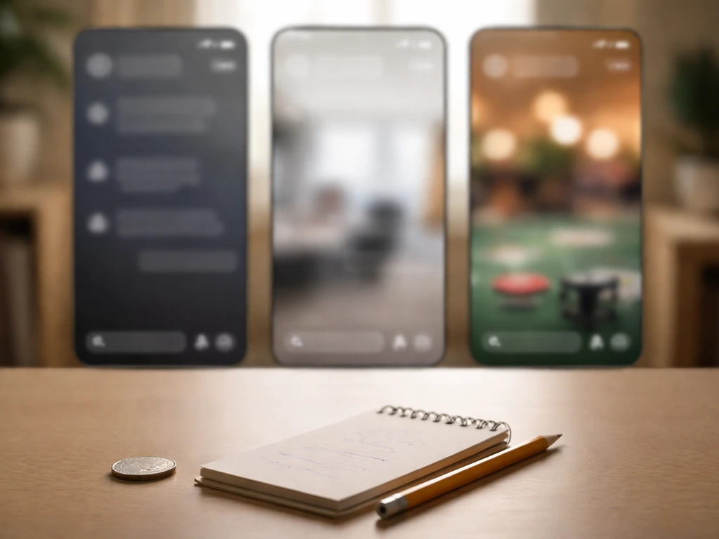 Minimal desk scene with blurred smartphone panels suggesting rumor, evidence, and speculation.