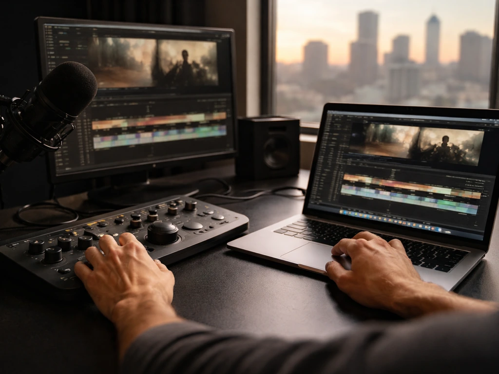 Hands editing in an upscale studio with a microphone and a city view through a window.