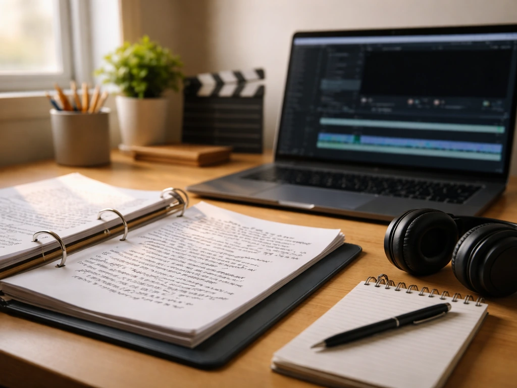 Minimal desk scene with comedy script pages and an editing laptop, suggesting writing and SNL-style production work.