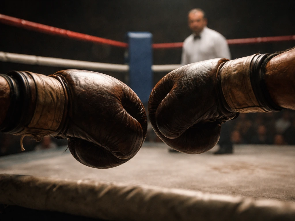 Close-up of boxing gloves mid-action in a ring with a referee blurred in the background.