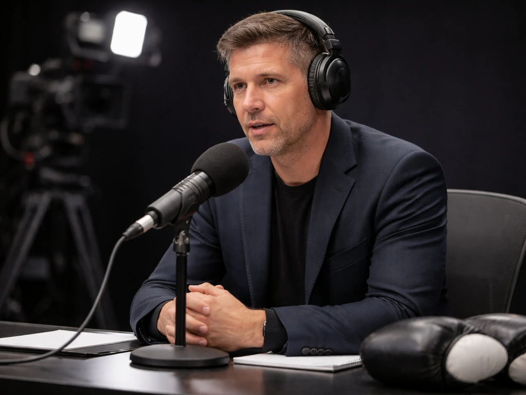 Anonymous boxing analyst at a studio desk with a broadcast mic and softly blurred cameras in the background.