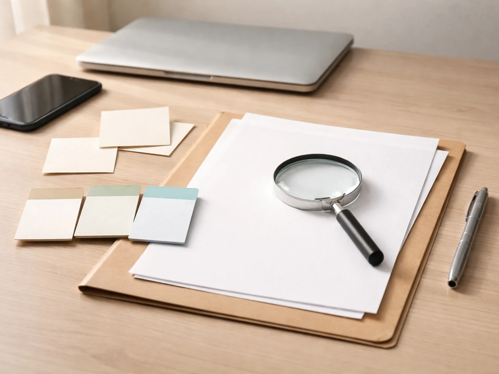 Minimal desk with blank documents, date cards, phone and laptop, and a magnifying glass for verification steps.