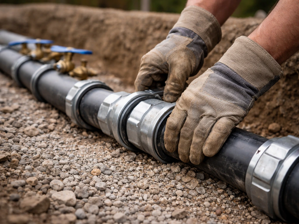Gloved hands tightening a metal pipe coupling on an outdoor jobsite with valves and pipe fittings visible.