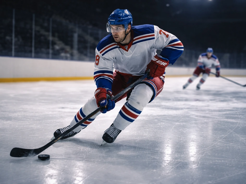 Anonymous hockey player in a Rangers-style uniform skating on ice under arena lights
