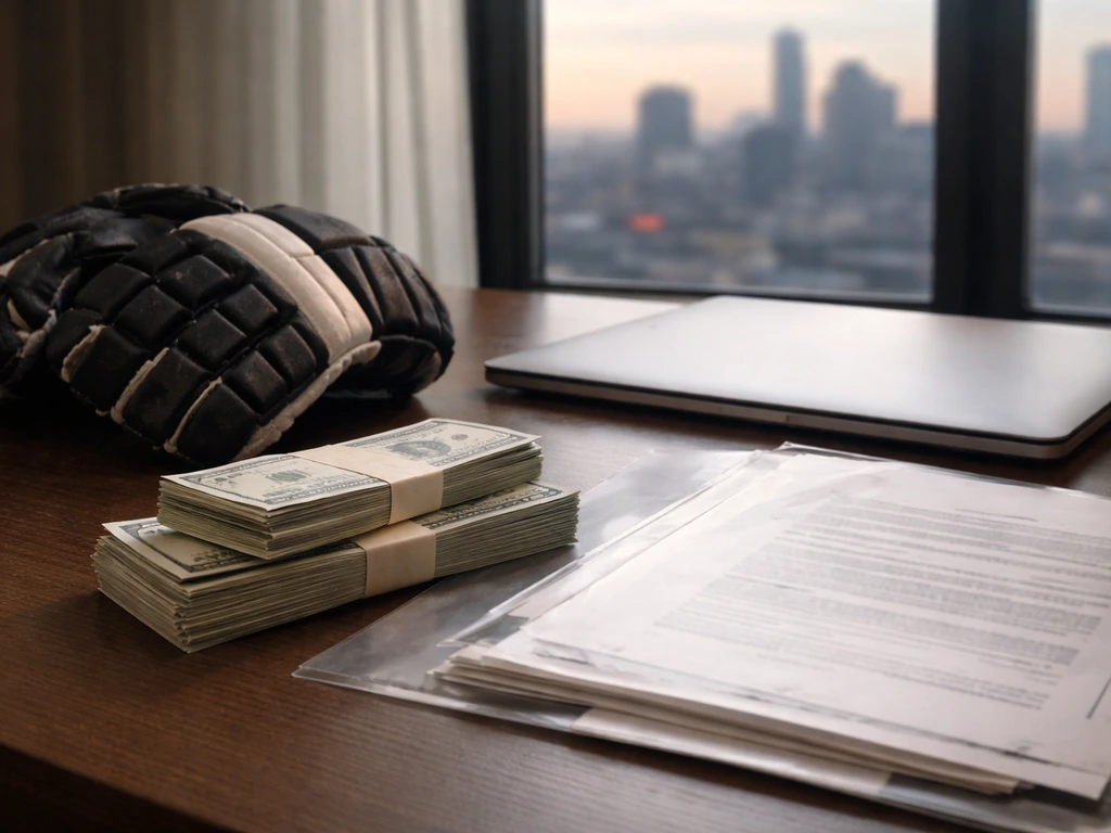 Desk with hockey gloves, bundled cash, and documents suggesting hockey income and deductions.
