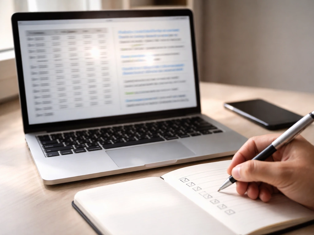 Close-up of a notebook with a laptop and public records-style search results, money verification theme