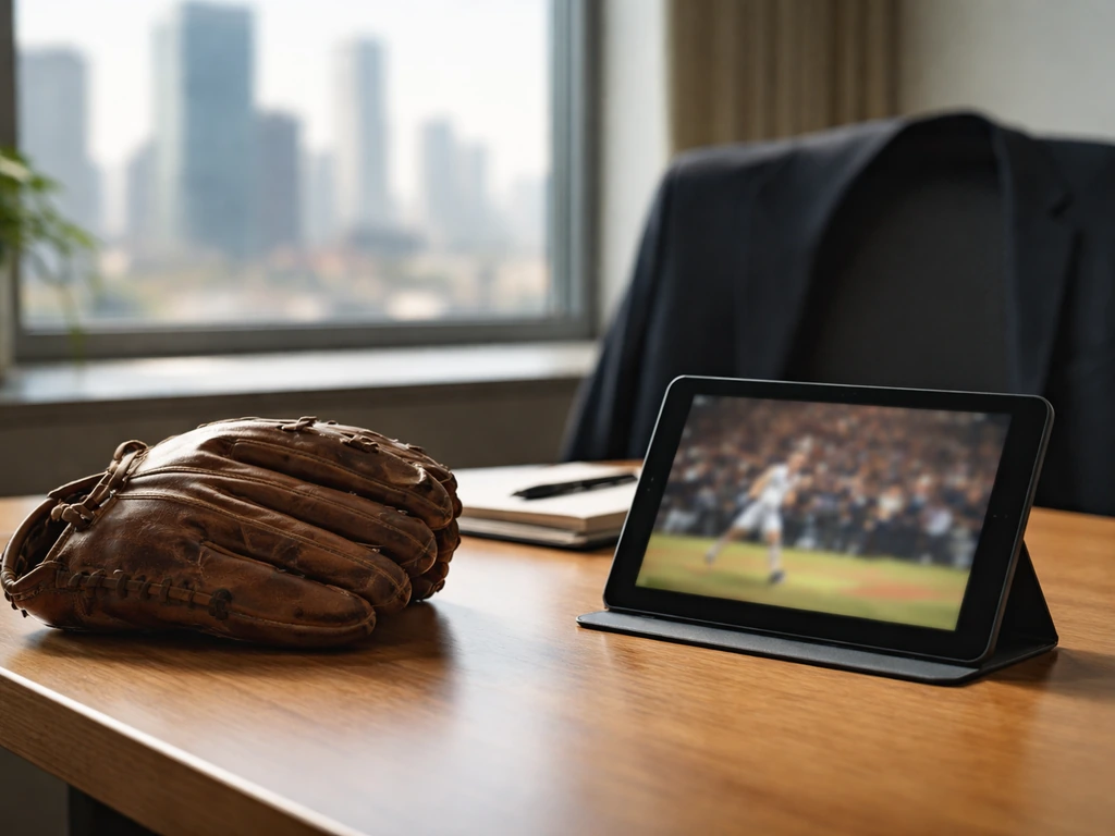 Minimal office scene with a baseball glove and a tablet beside a window, symbolizing MLB profile research