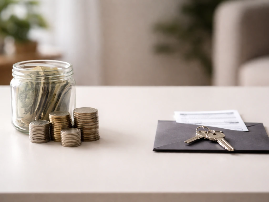 Minimal photo of a simple balance concept: coin stacks beside an open wallet and a closed envelope