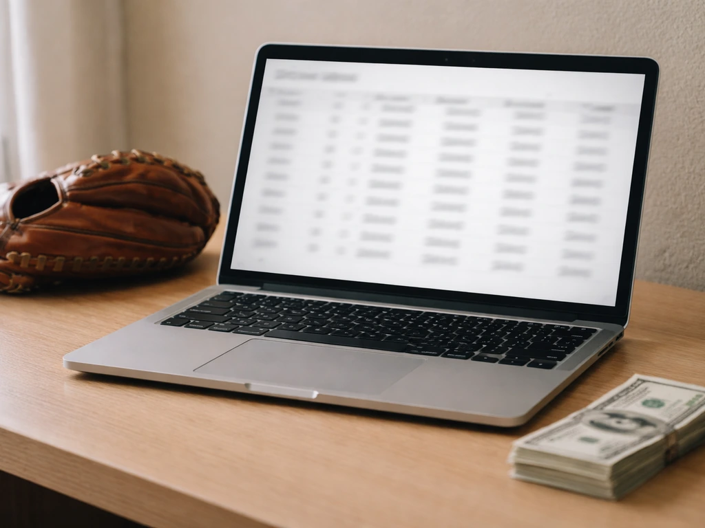 Minimal desk scene with a laptop showing blurred stats, plus a baseball glove and cash.