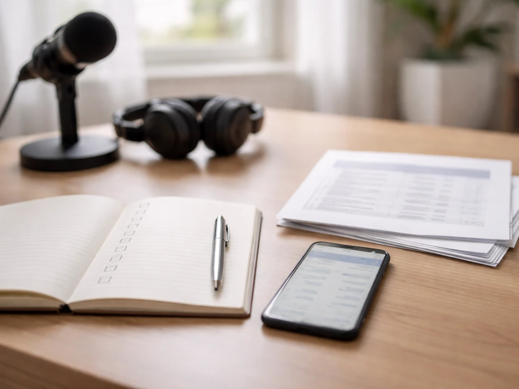 Minimal desk scene with open checklist notebook, documents, and phone suggesting verifying a financial estimate.
