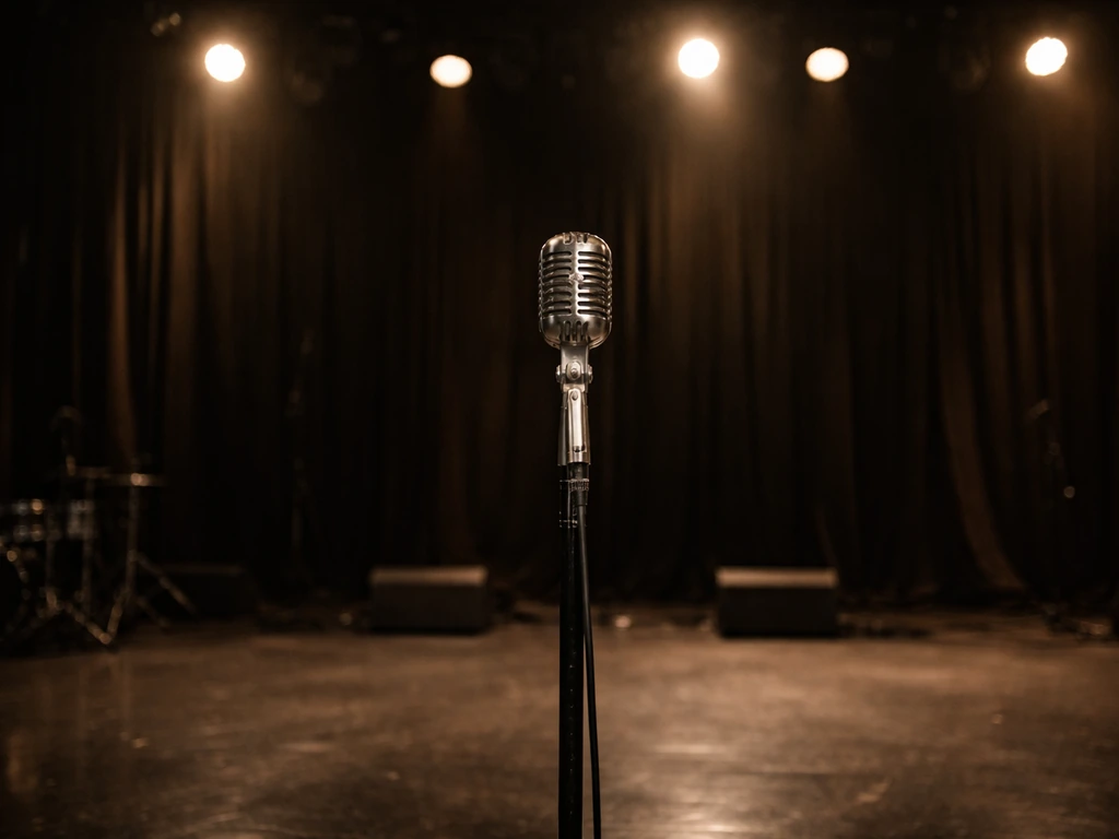 Close-up of a vintage microphone on a stage with soft concert lights reflecting off a polished floor