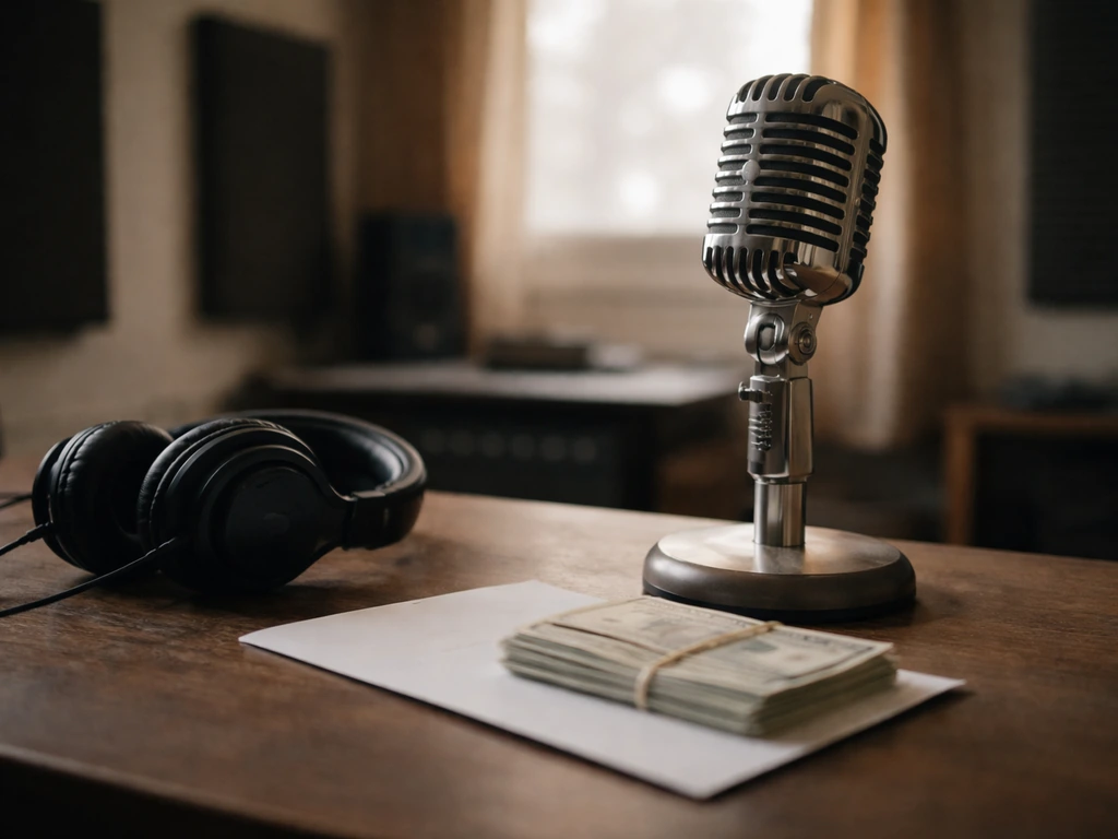 Minimal studio scene with a music microphone and a cash envelope on a desk, symbolizing a record deal advance.