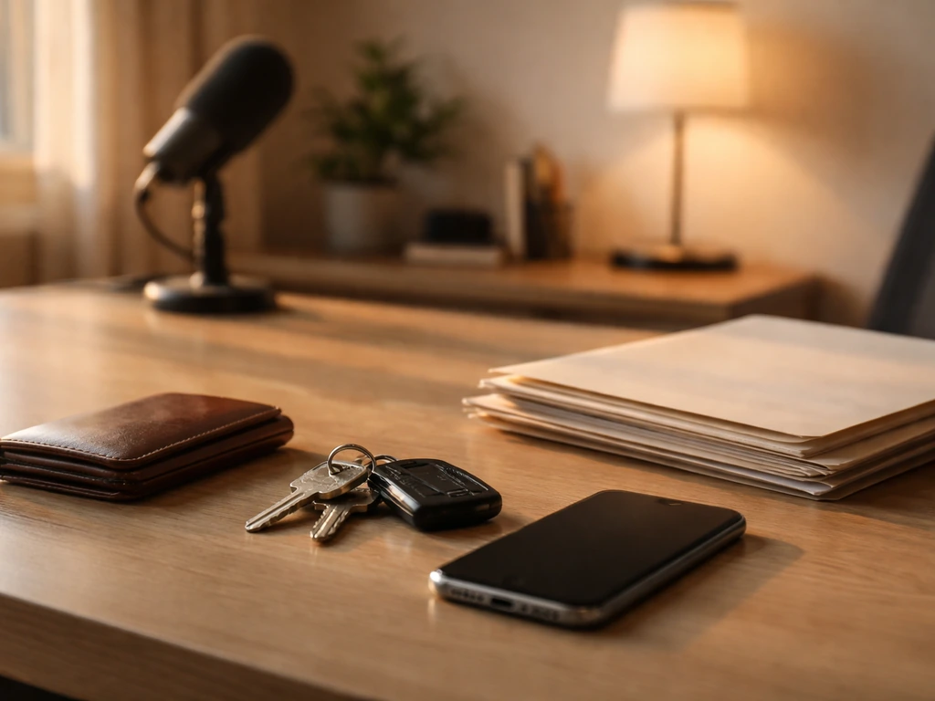 Minimal photo of an anonymous desk scene with symbolic asset items suggesting lifestyle and property influences
