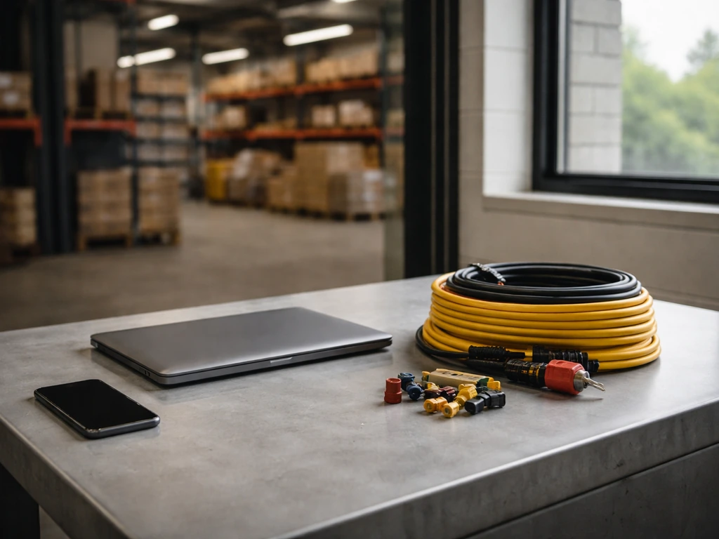 Minimal warehouse office desk with electrical connectors and soft light, symbolizing business wealth.