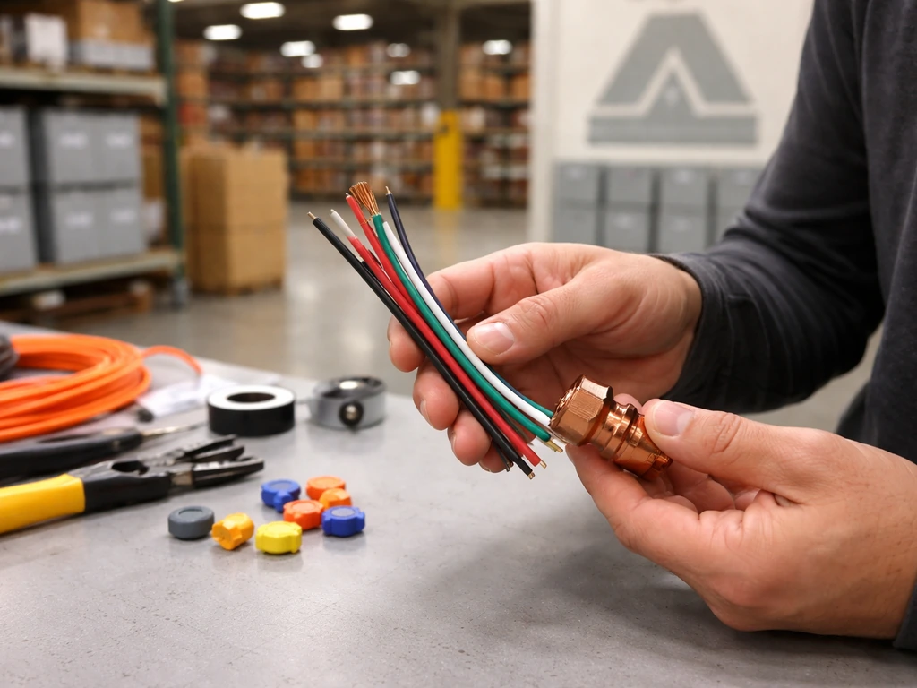 Anonymous hands handling electrical cables in a warehouse/workbench setting tied to electrical distribution.