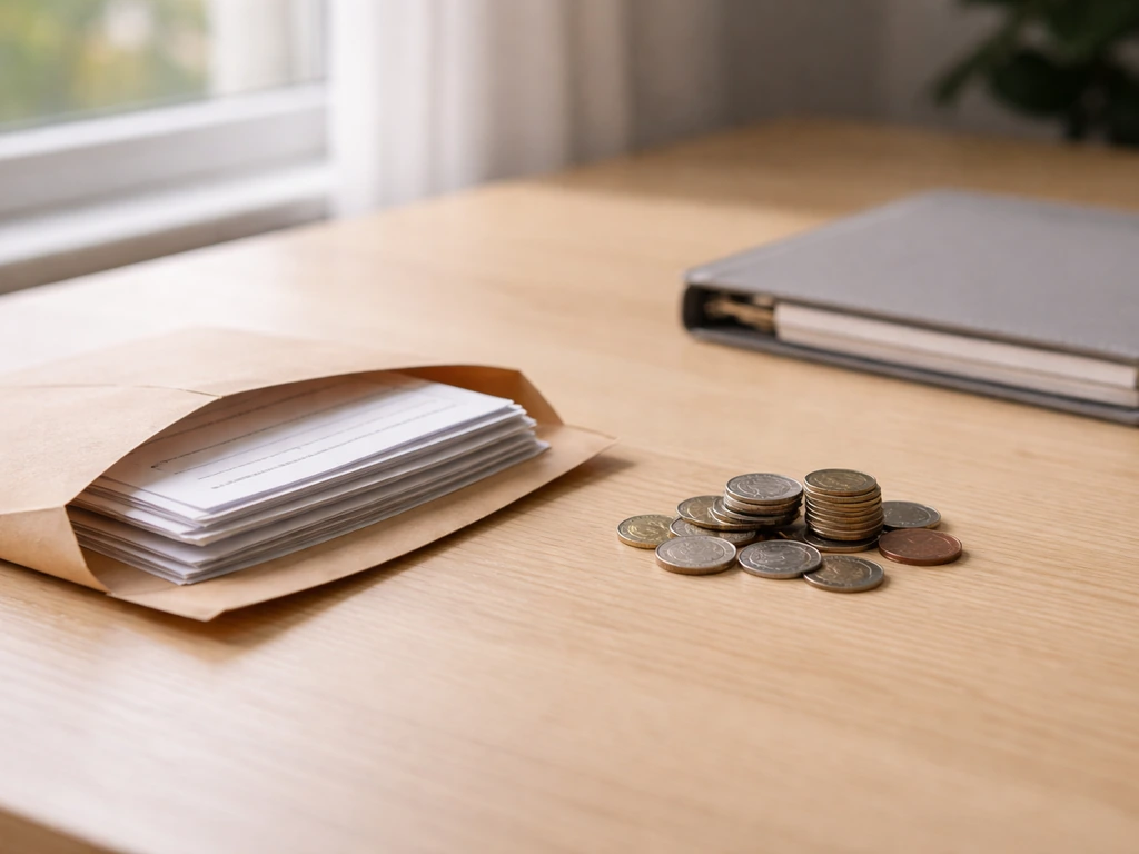 Minimal photo of a desk with envelope, coins, and a binder, symbolizing assets minus liabilities calculation