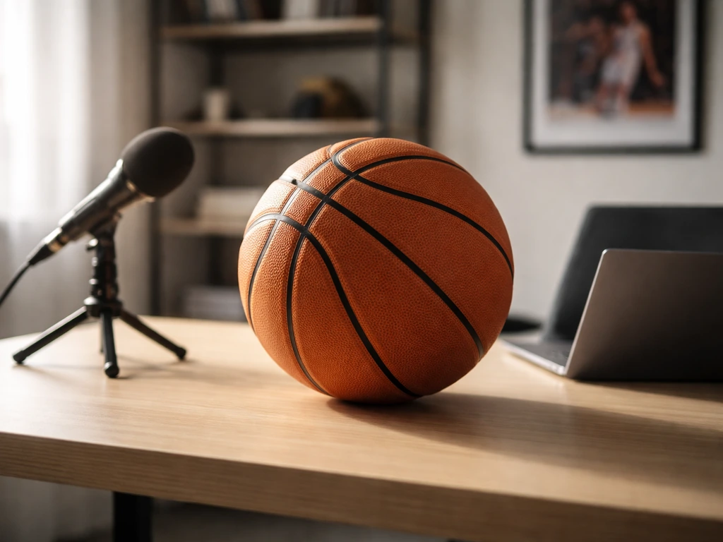 Empty basketball on a desk beside a microphone and laptop in a modern sports-office setting.