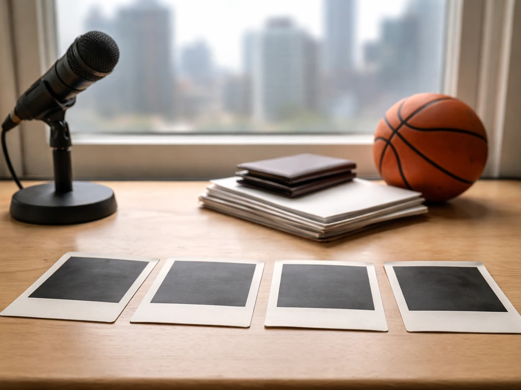 A quiet finance-and-media desk scene with a microphone and basketball-themed items, symbolizing an athlete’s earnings jo
