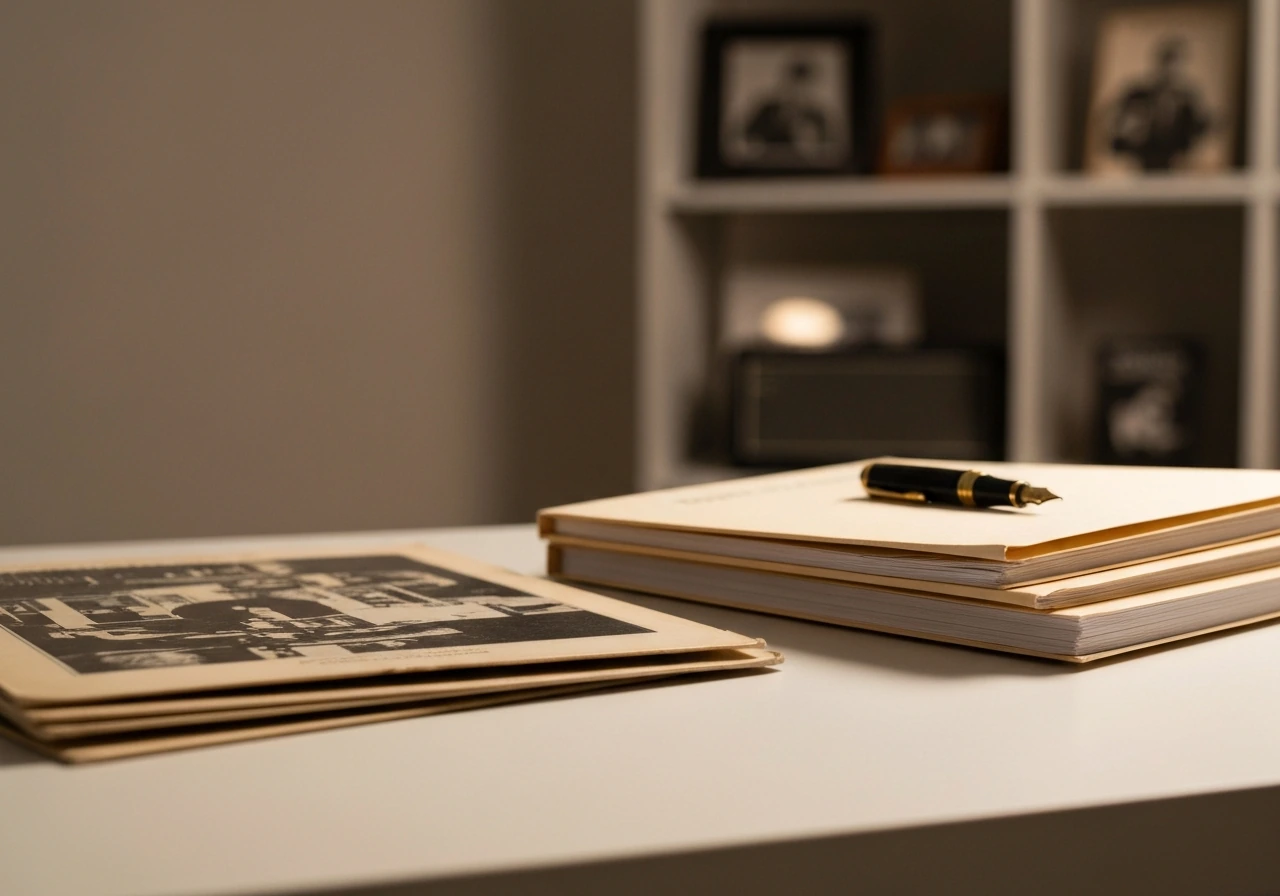 Minimal home-studio desk with a vintage record sleeve and blank royalty paperwork, symbolizing music earnings.