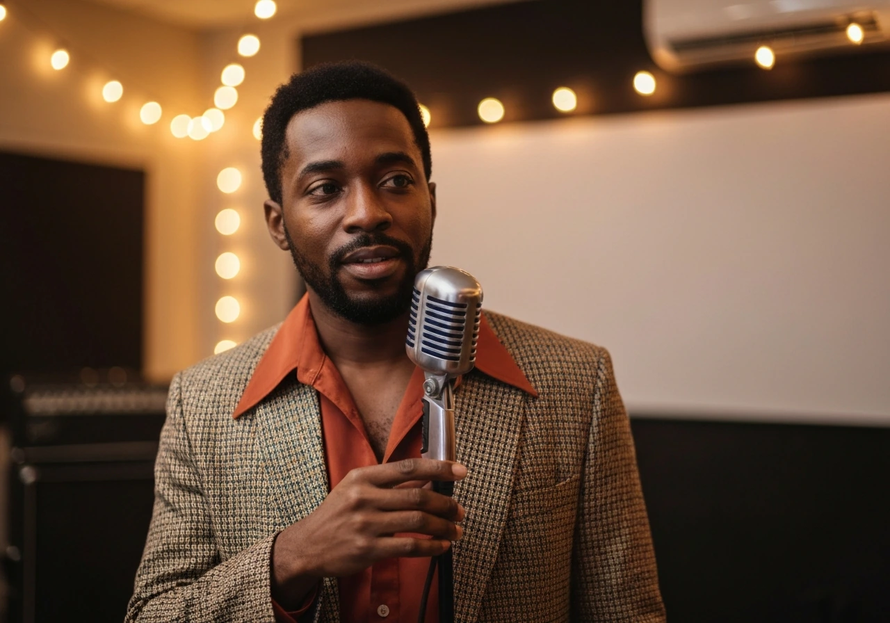 Anonymous vintage-soul musician holding a microphone in a quiet rehearsal studio, studio bokeh background.